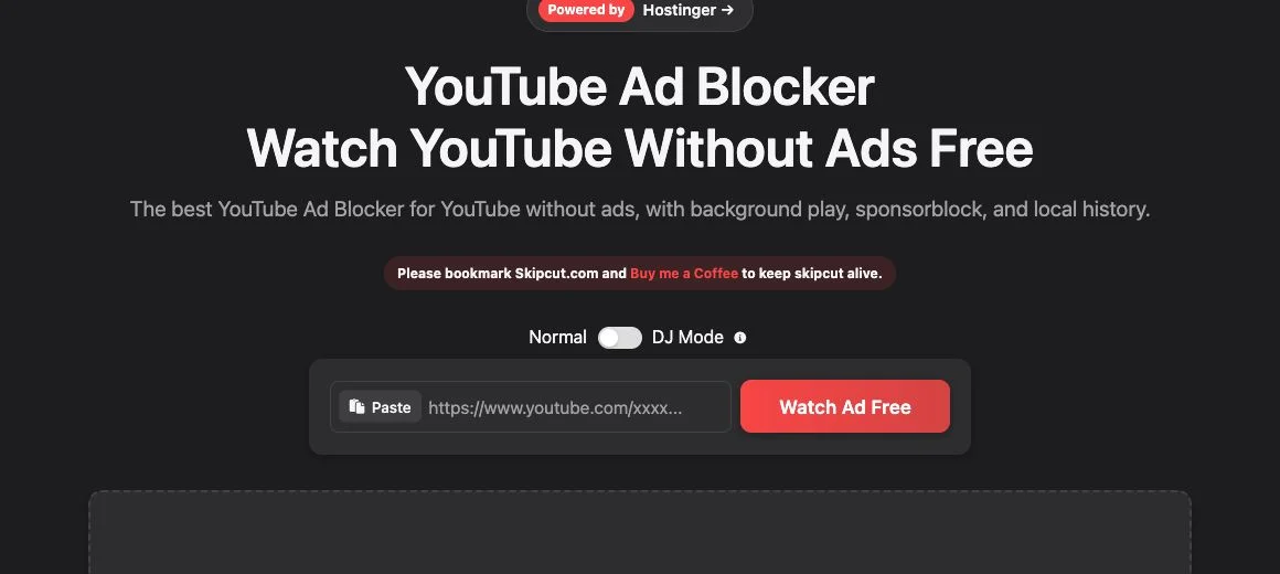 SkipCut homepage showing its YouTube link input and additional player navigation